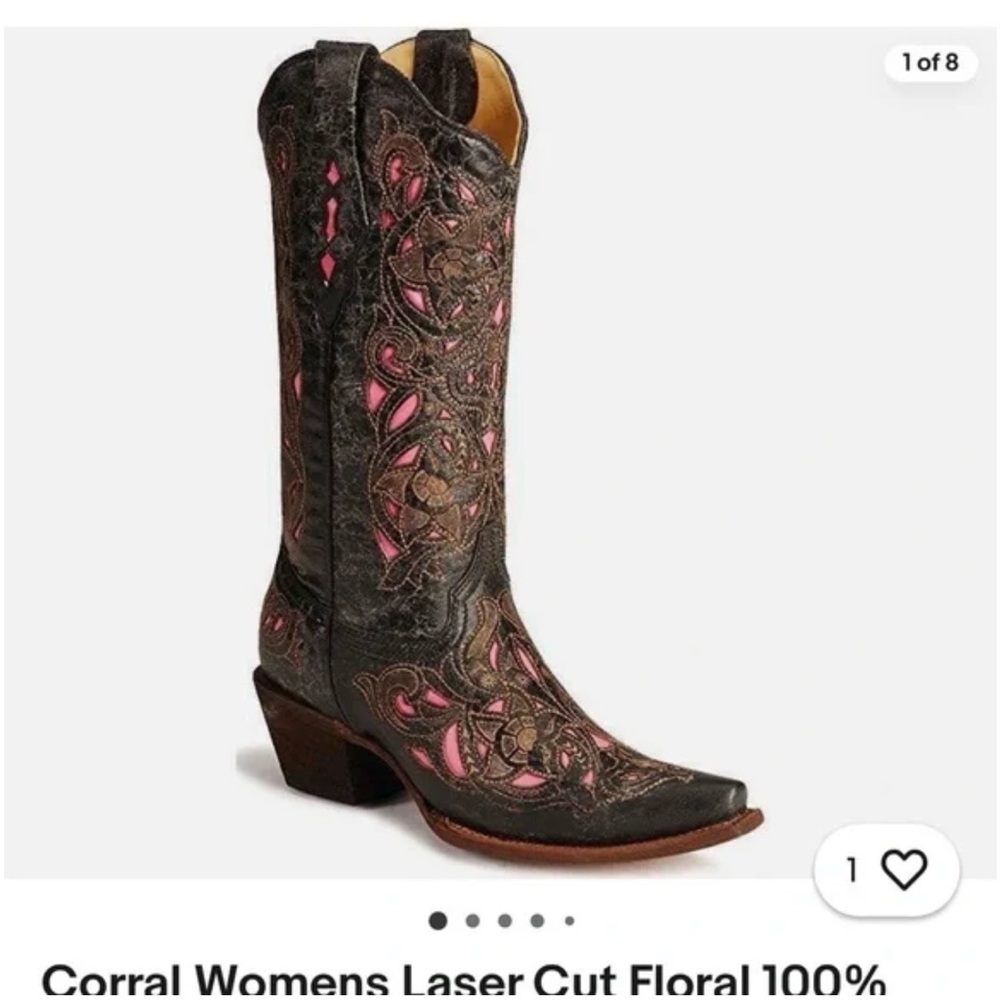 Corral Women's Black and Pink laser cut Floral cowgirl Boots